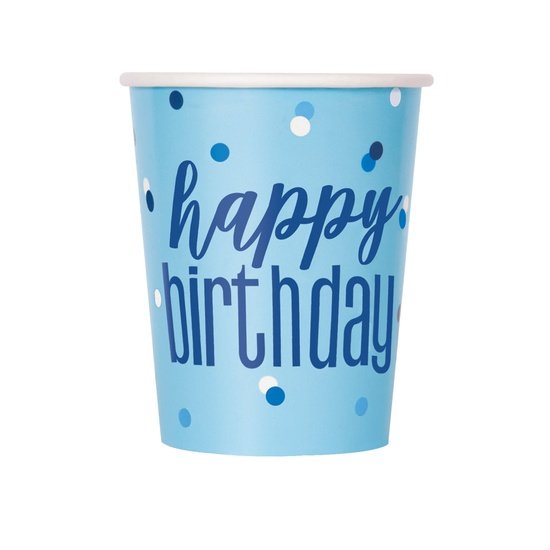 8 Blue & Silver Happy Birthday Cups, 9oz