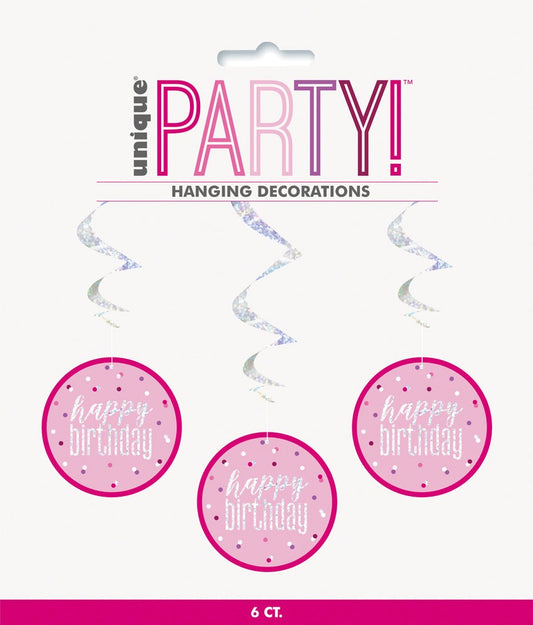 Pink & Silver Hanging Swirls Happy Birthday