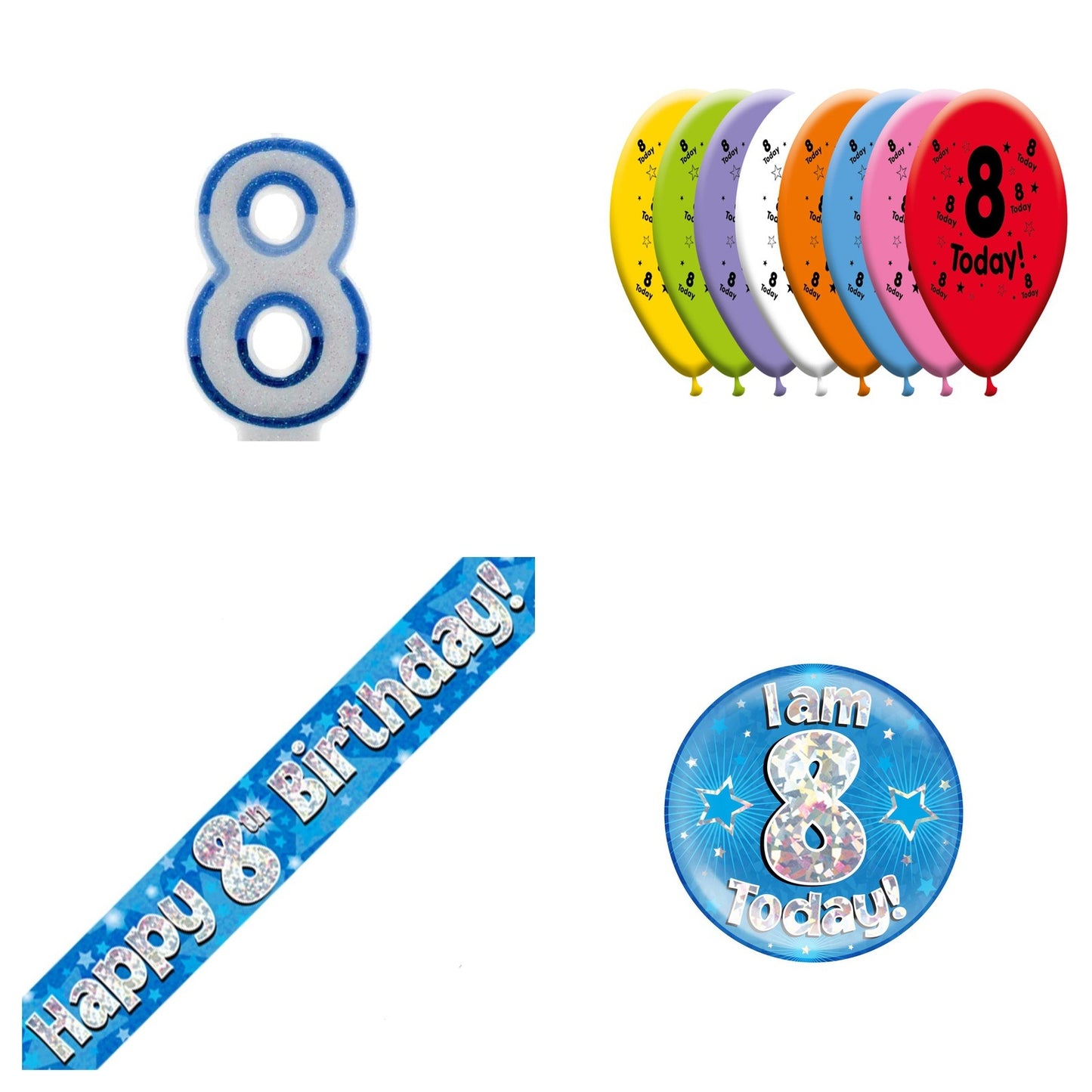 Blue Stars Bundle B Banner, Balloons, Candle, Badge Ages 1 to 90