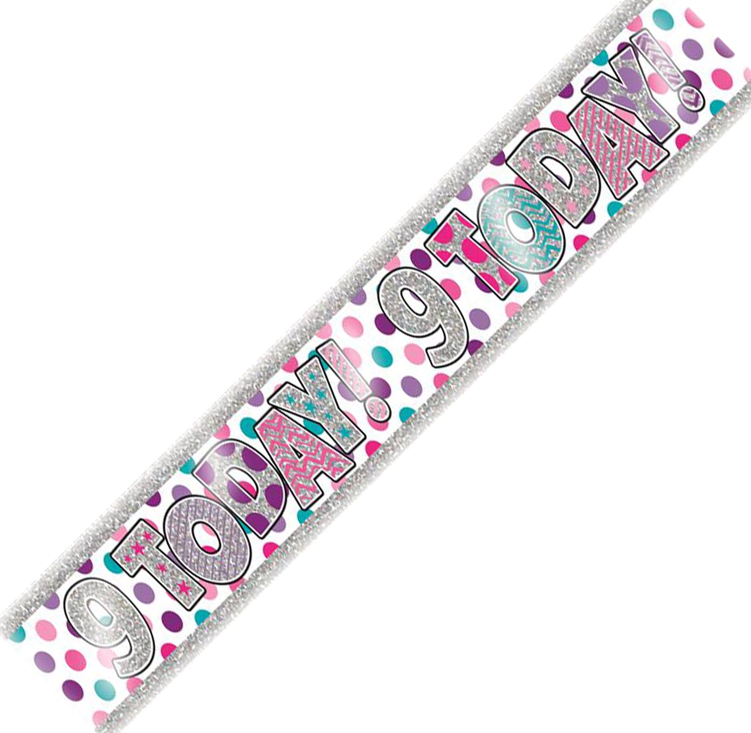 Age 9 Birthday Banner Pink, Purple And Silver Holographic Polka Dot Recyclable 9th Birthday Party Banner