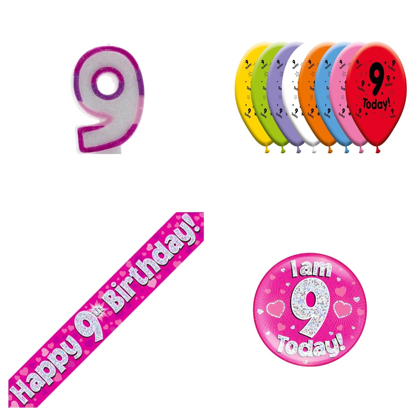 Pink Hearts Bundle B Banner, Balloons, Candle, Badge Ages 1 to 90