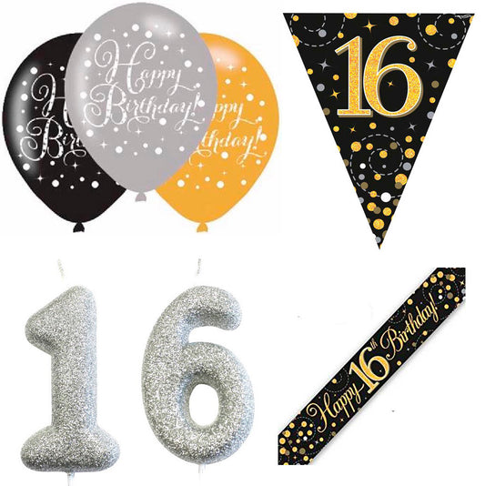 Black And Gold Bundle C Banner, Balloons, Candle, Bunting Ages 16 to 90