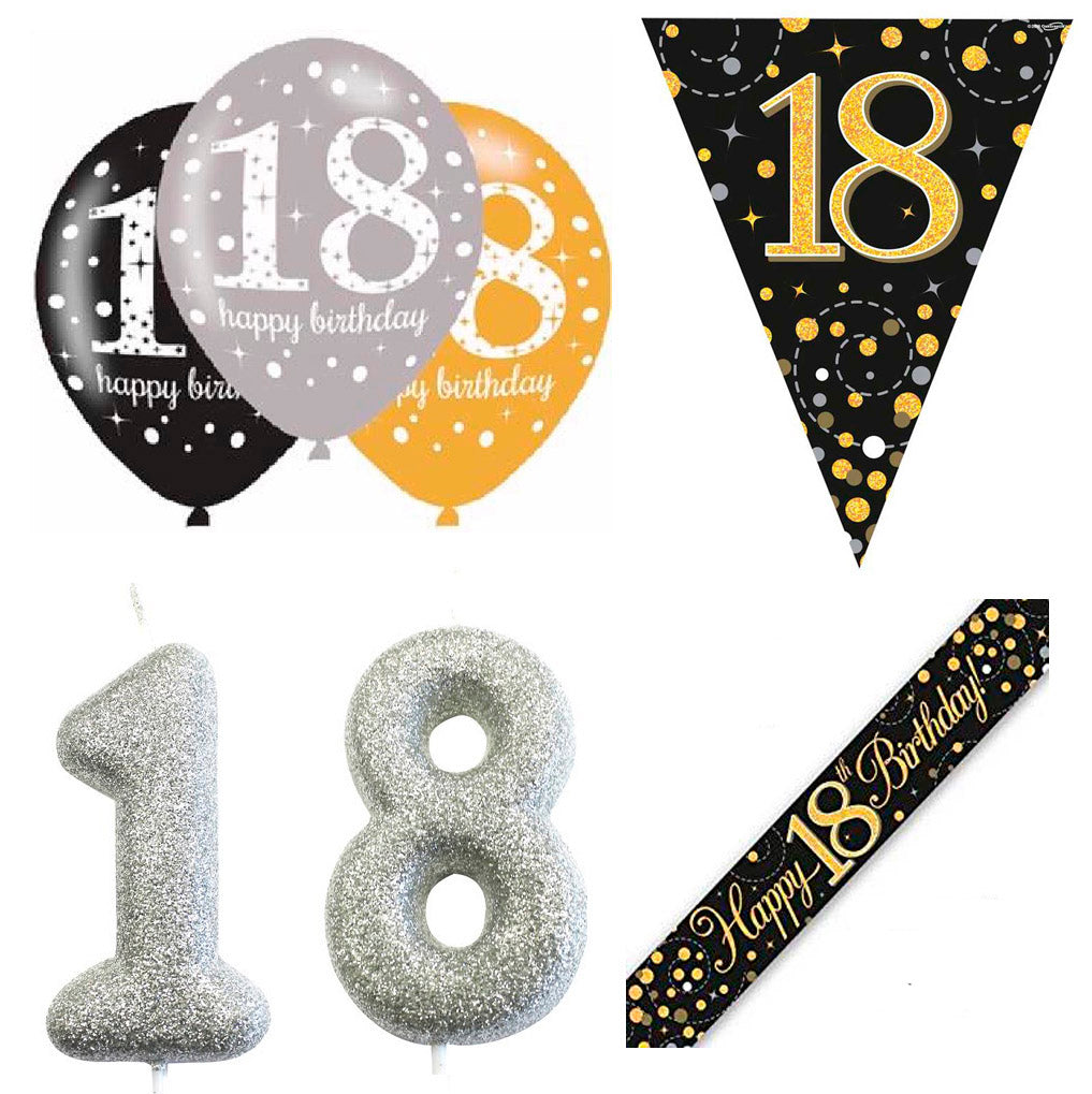 Black And Gold Bundle C Banner, Balloons, Candle, Bunting Ages 16 to 90