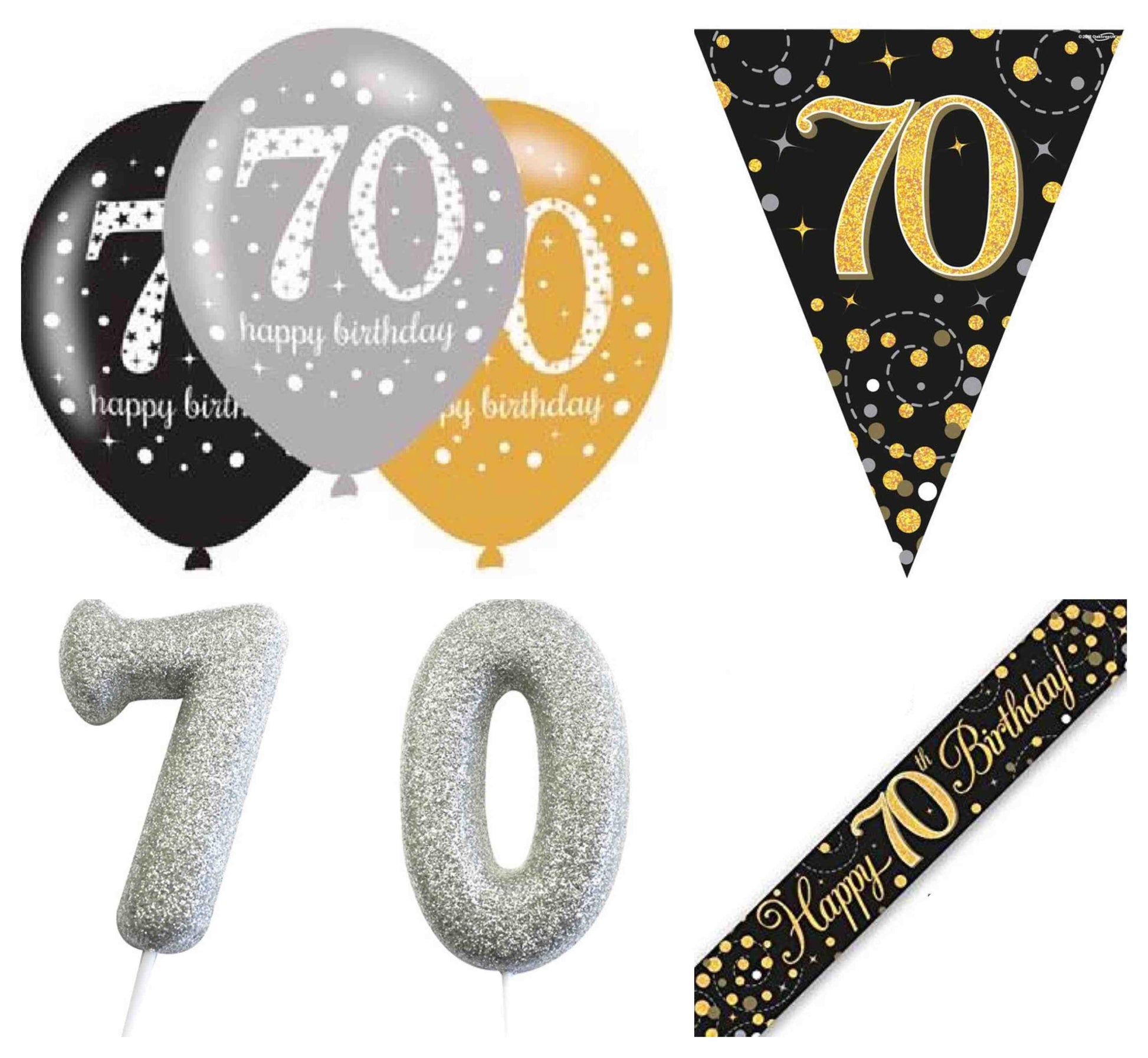 Black And Gold Bundle C Banner, Balloons, Candle, Bunting Ages 16 to 90