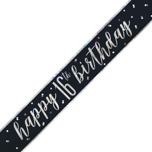 Black & Silver Foil Banner Happy 16th Birthday