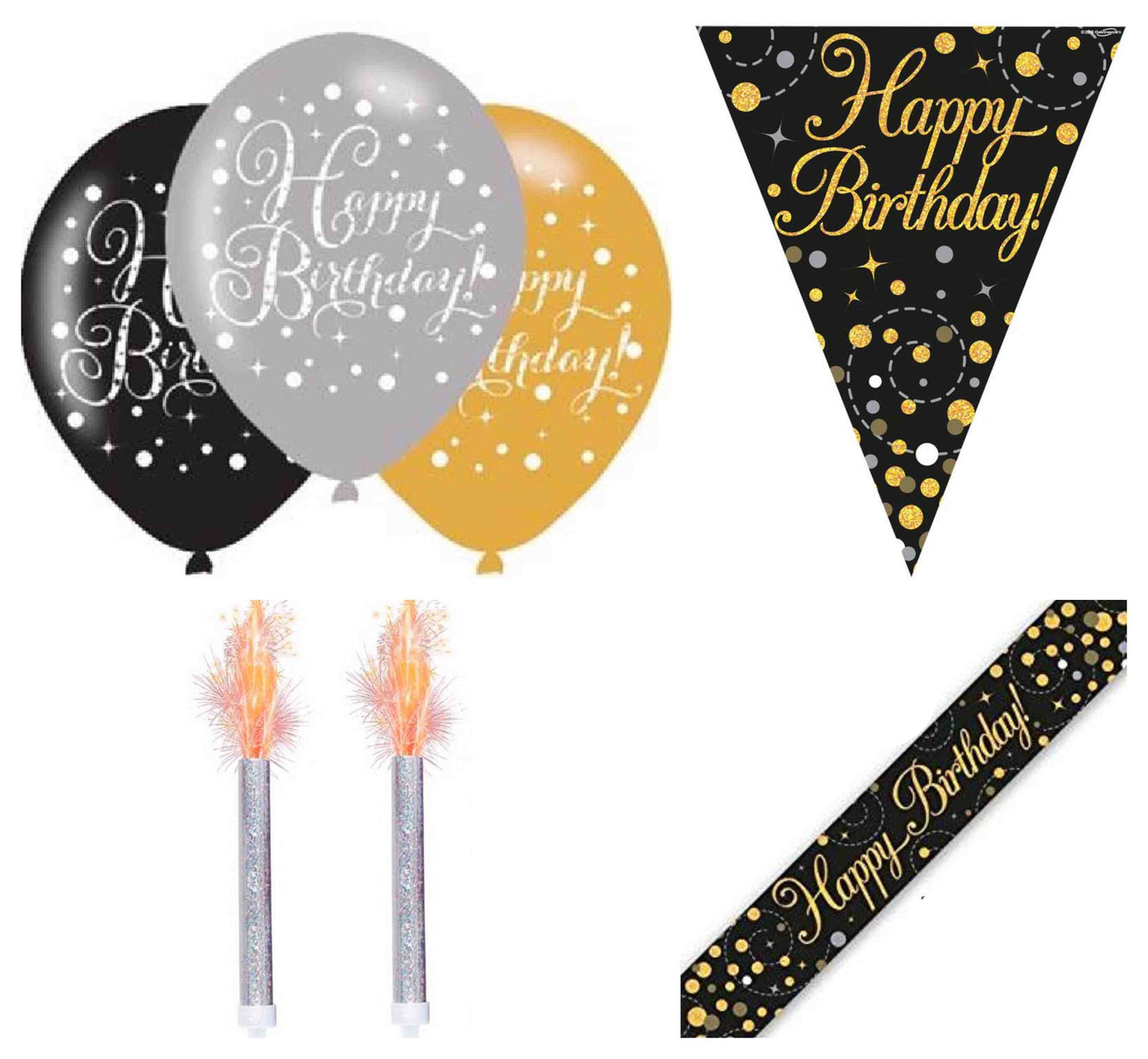 Black And Gold Bundle C Banner, Balloons, Candle, Bunting Ages 16 to 90