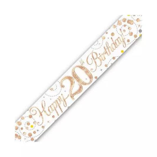 9ft Banner Sparkling Fizz 20th Birthday White & Rose Gold Holographic